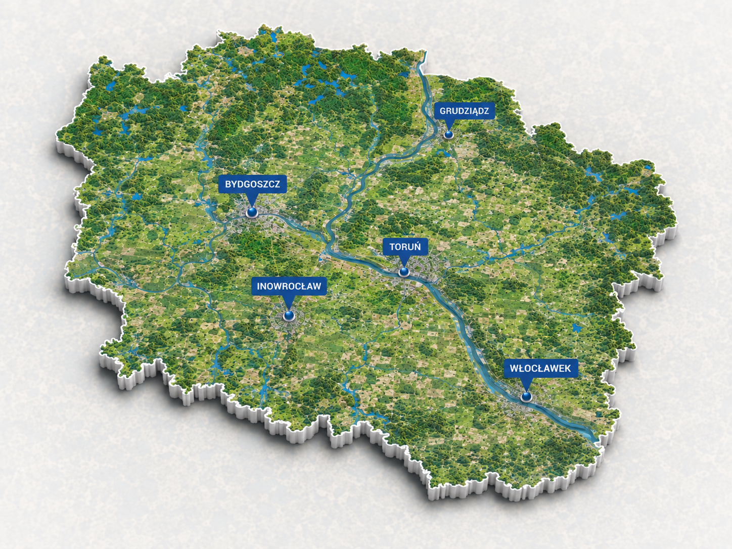 Mapa województwa kujawsko-pomorskiego z Bydgoszczą, Toruniem, Inowrocławiem, Włocławkiem i Grudziądzem